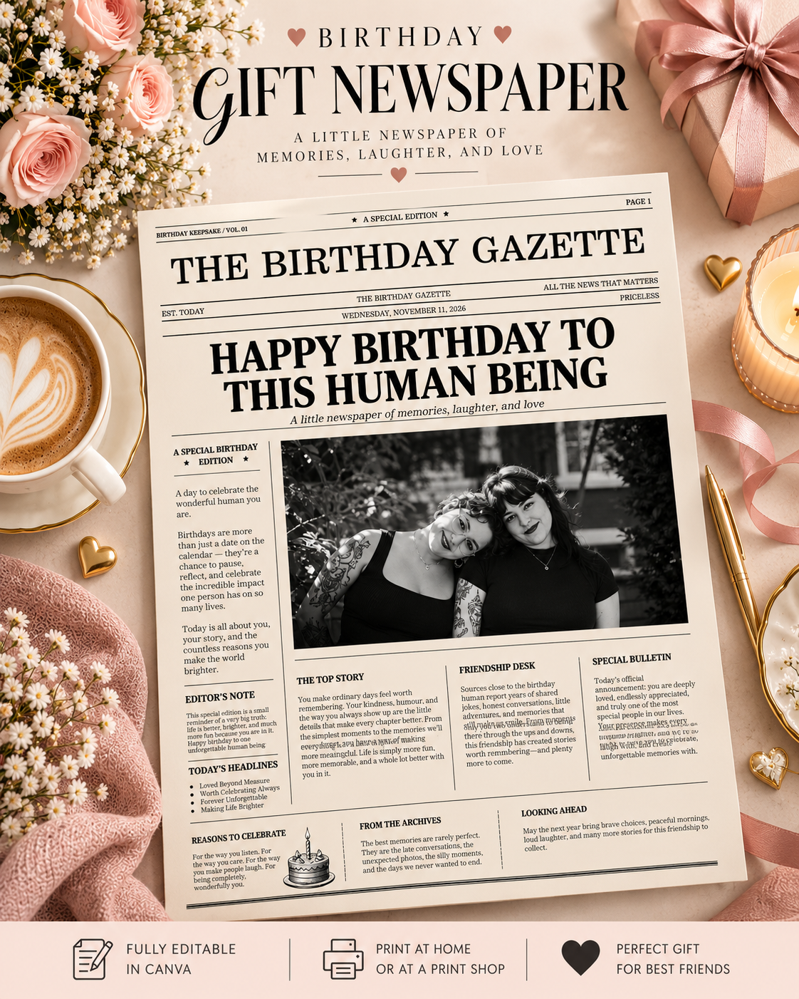 Personalized Birthday Newspaper Canva Template