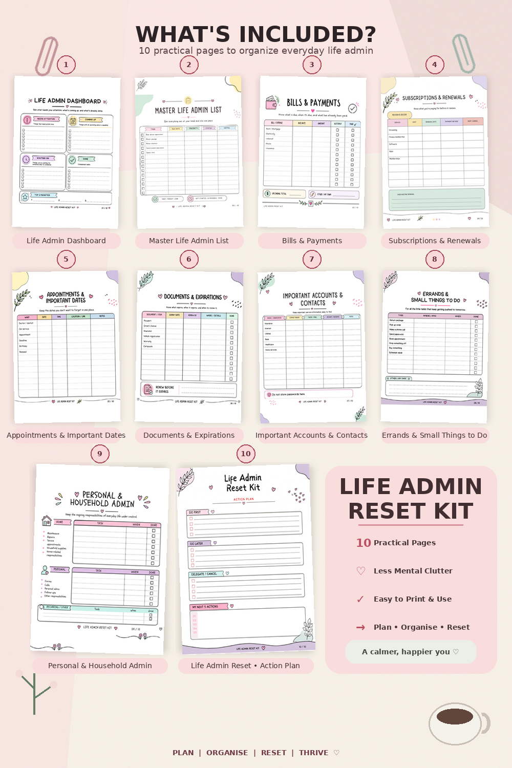 Life Admin Reset Kit | 10-Page Printable Life Organizer | Bills, Tasks, Renewals, Important Dates & Everyday Admin