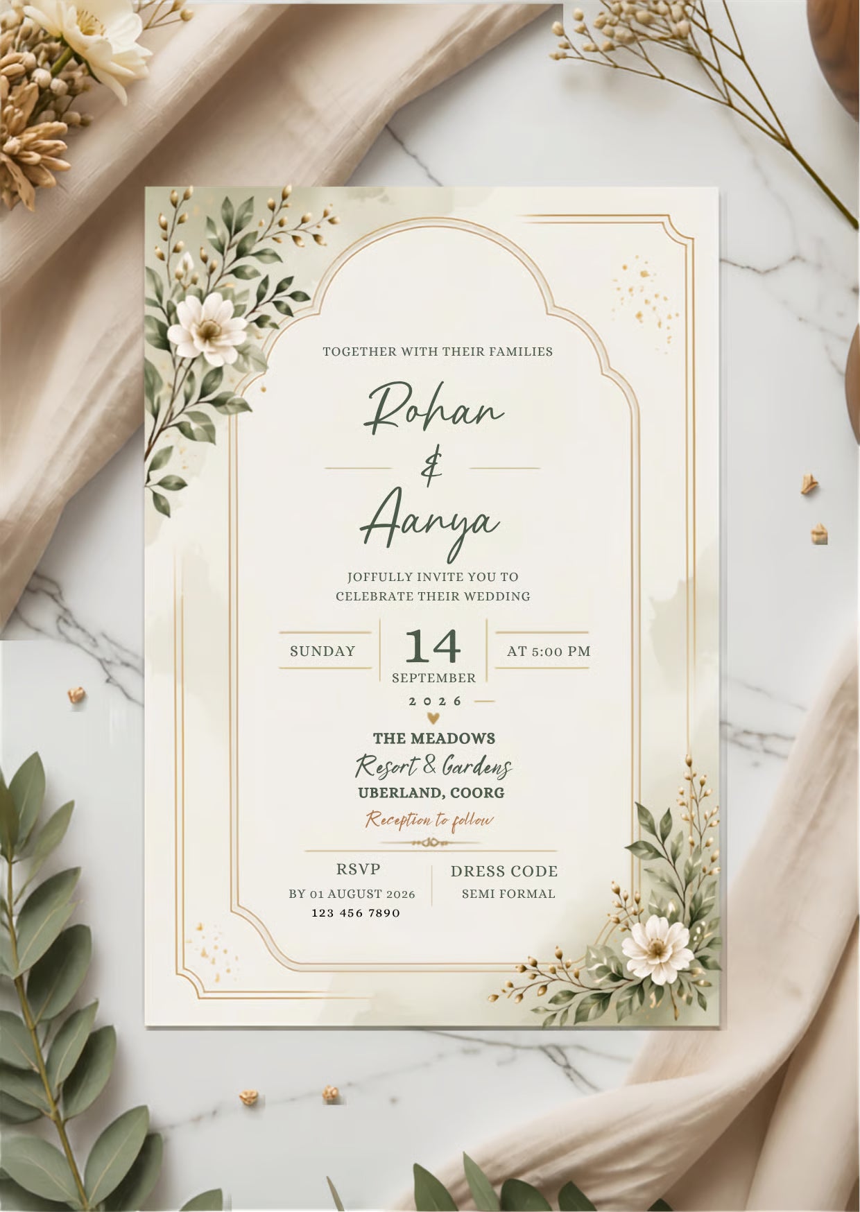 Elegant Botanical Wedding Invitation | Editable Canva Template